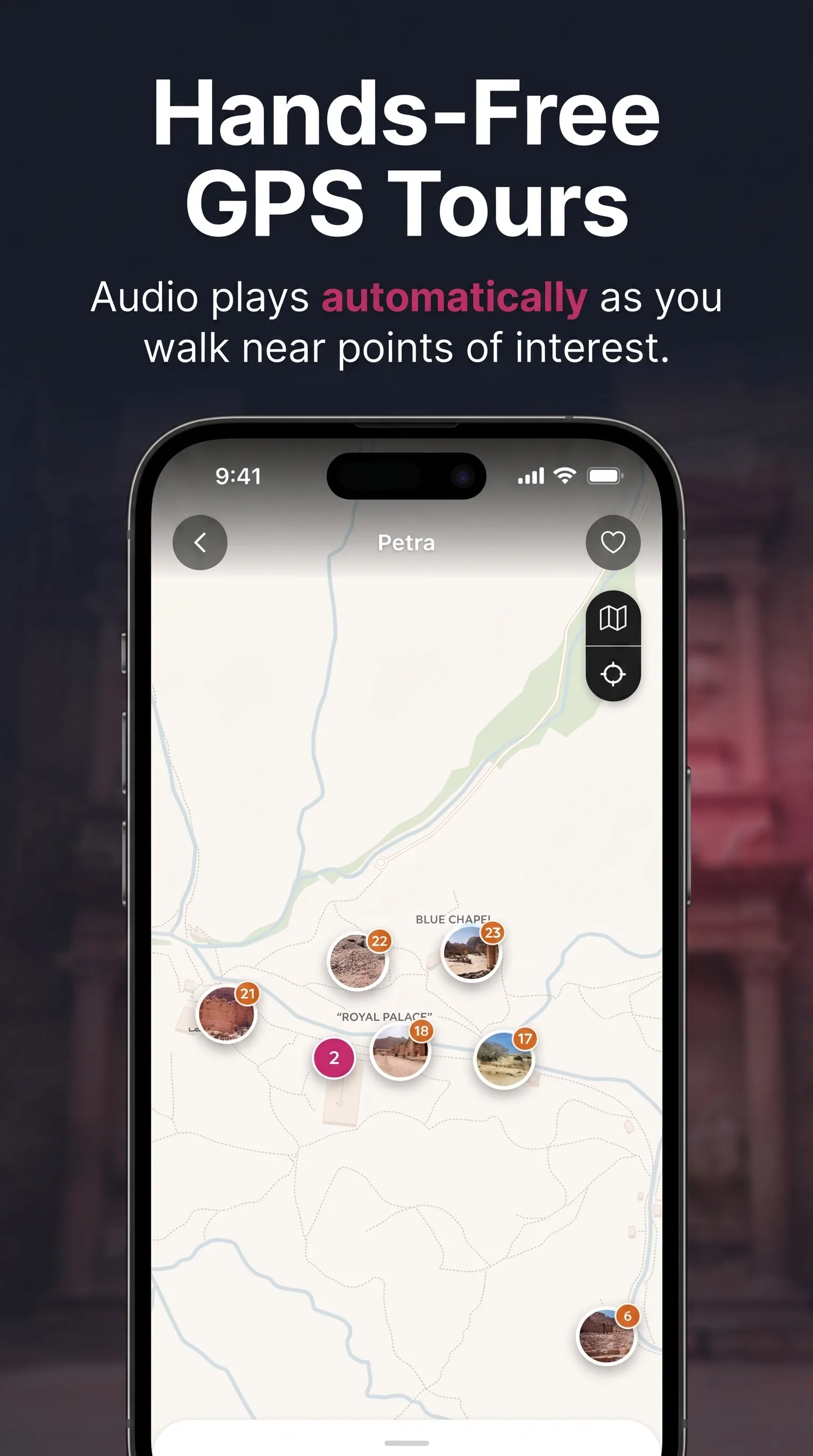 Hands-free GPS tours — Map of Petra showing numbered points of interest