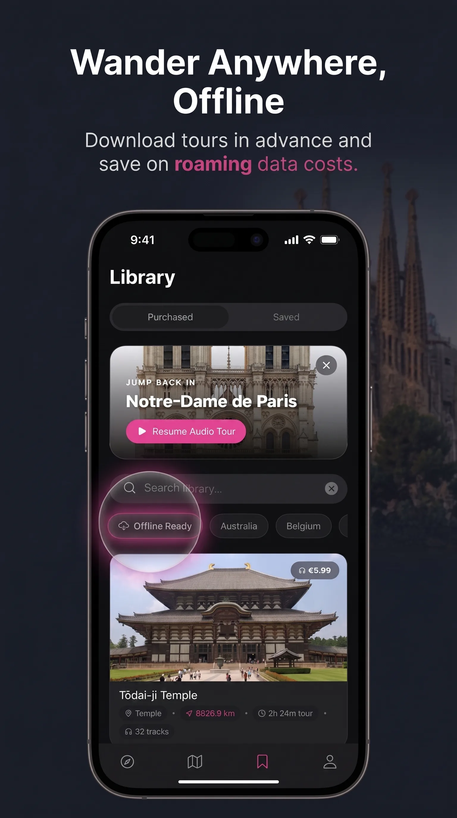Wander anywhere offline — Library screen showing downloaded tours and offline-ready content
