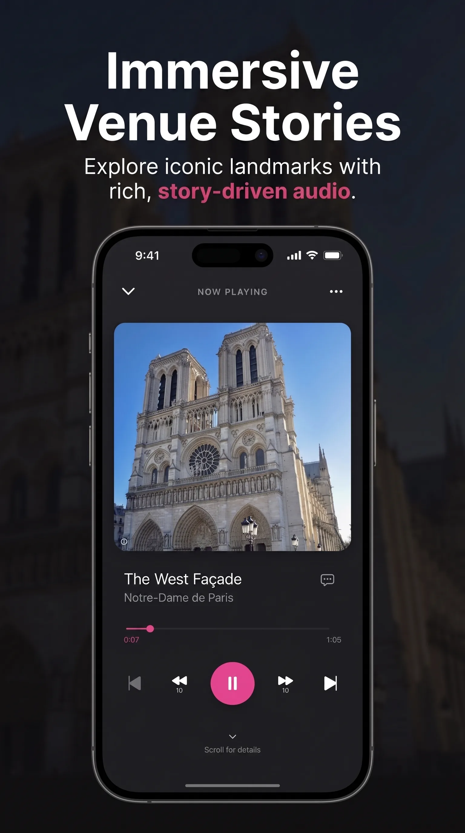 Immersive venue stories — Now Playing screen showing The West Façade of Notre-Dame de Paris